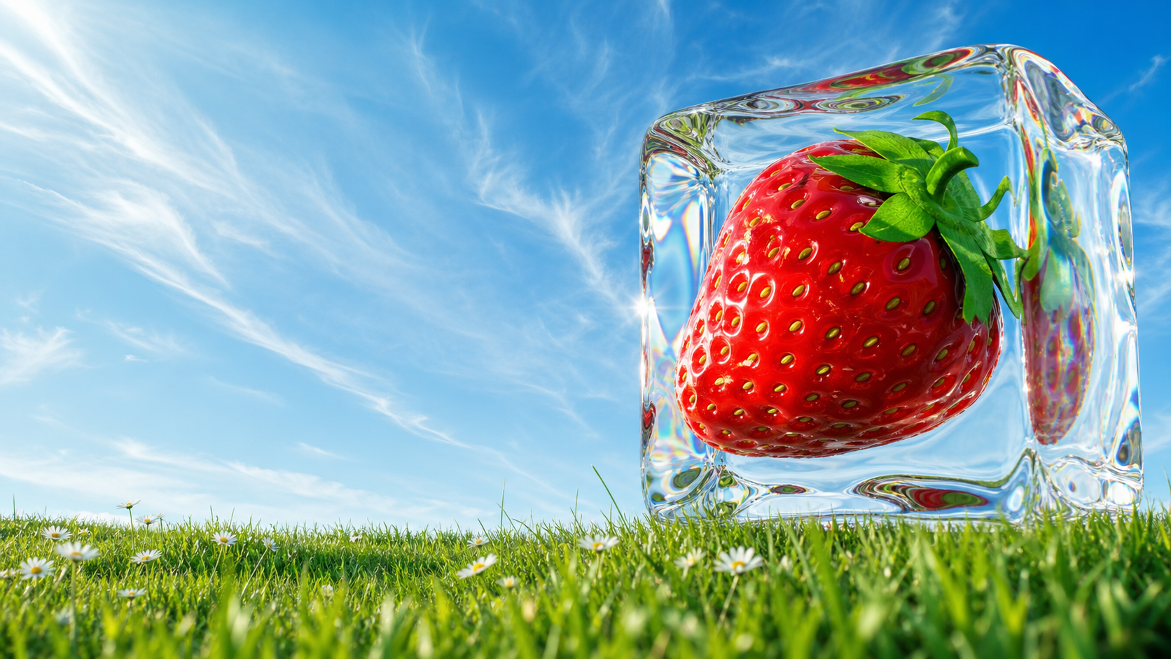 Un cube de verre contenant une fraise dans un paysage lumineux